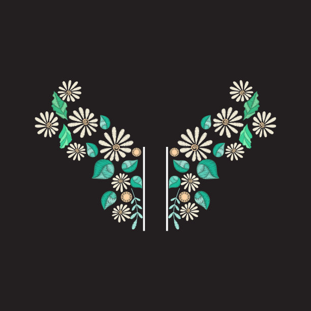 矢量刺绣领口设计。彩色花卉图案的颈部印花与装饰绣花和叶子图片下载
