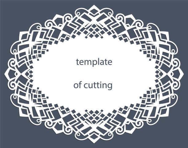 贺卡的椭圆形边缘上有装饰边框，纸垫下的蛋糕，模板为切割，婚礼请柬，装饰板是激光切割，矢量插图。图片下载