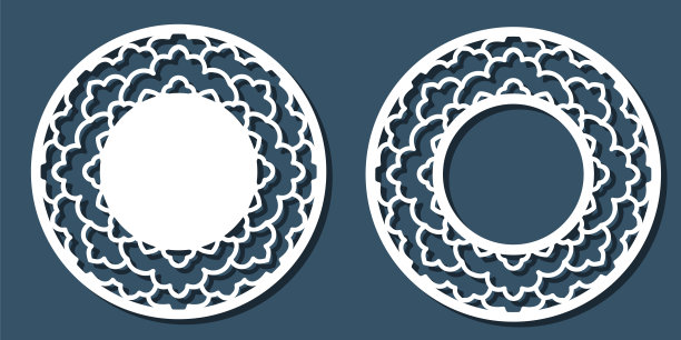 矢量模板花边圆形框架与雕刻的镂空图案。室内设计模板，布局，婚礼请柬，砂砾卡，信封，装饰艺术品等。图像适合激光切割，绘图仪切割或印刷。股票向量图片下载