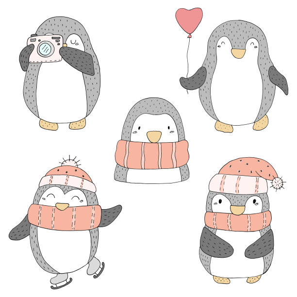 可爱的手绘企鹅集。打印模板素材图片