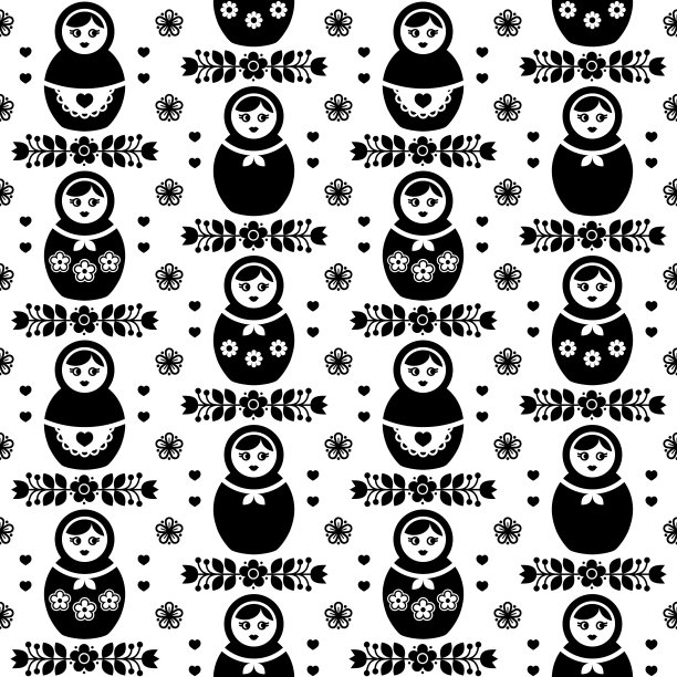 俄娃矢量无缝图案——俄罗斯套娃，黑白民间艺术设计图片下载