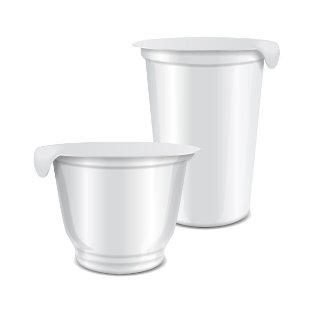 一套圆形光滑的塑料罐与铝箔盖酸奶油，酸奶，果酱，甜点。矢量现实包装模型模板图片下载