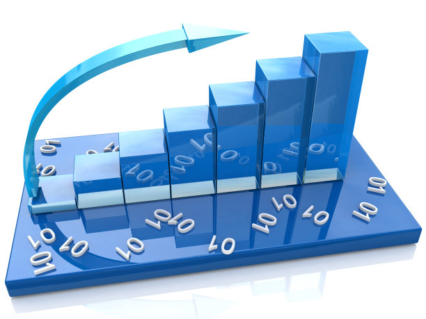 蓝色条形图和数字，数据设计中与商业和经济有关的信息。三维演示图片下载