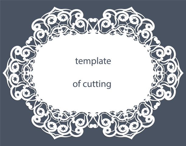 贺卡的椭圆形边缘上有装饰边框，纸垫下的蛋糕，模板为切割，婚礼请柬，装饰板是激光切割，矢量插图。图片下载