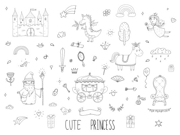 可爱的卡通公主系列。为孩子们设计的童话涂鸦。手绘矢量插图孤立在白色。图片下载