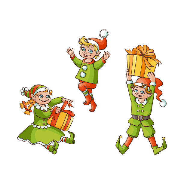 矢量扁精灵男孩，女孩圣诞场景设置图片下载