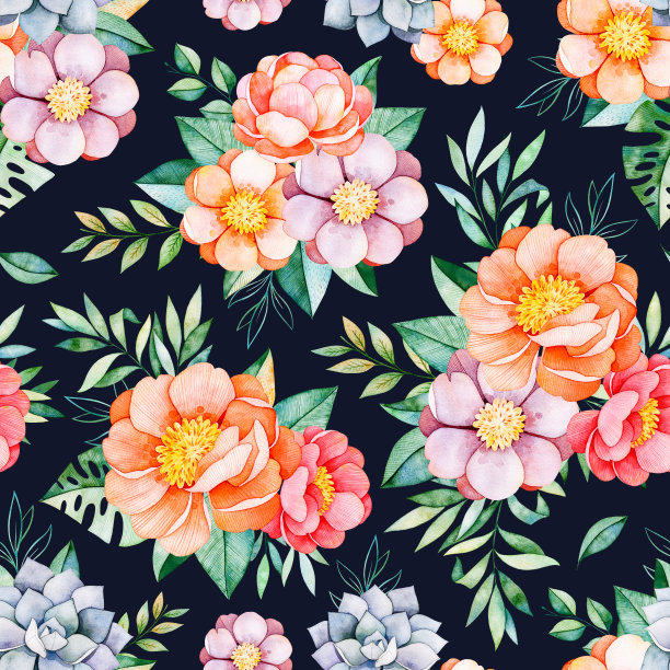 手绘水彩无缝图案与牡丹、花卉、多肉植物、热带叶子图片下载