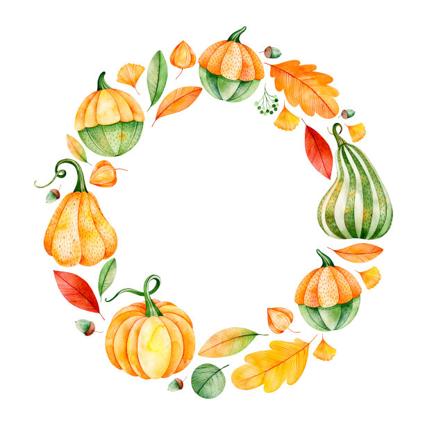 明亮的秋季花环与秋天的树叶，树枝，浆果，南瓜，橡子图片下载
