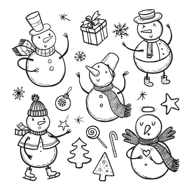 矢量涂鸦插画集寒假雪人与圣诞树，糖果，雪花，礼物。滑稽的雪人在不同的服装孤立在白色的背景。图片下载
