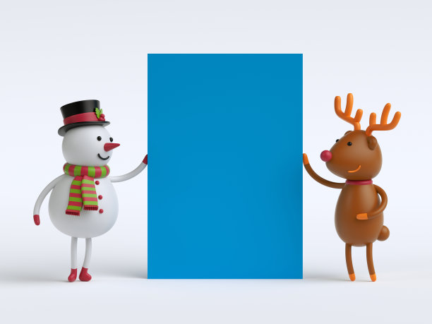 3d渲染，数字插图，雪人和鹿抱蓝色海报，空白横幅，节日圣诞背景，节日贺卡图片下载