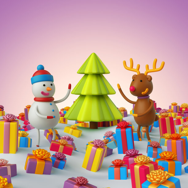 3d渲染，数字插图，雪人和鹿在圣诞树下，圣诞礼盒背景，节日贺卡图片下载