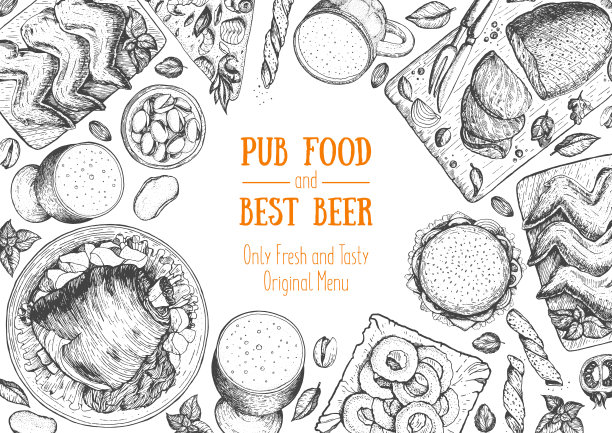 酒吧食物框架矢量插图。啤酒、肉类、快餐和零食手绘。食物设置为酒吧设计俯视图。啤酒餐厅的复古雕刻插图。图片下载