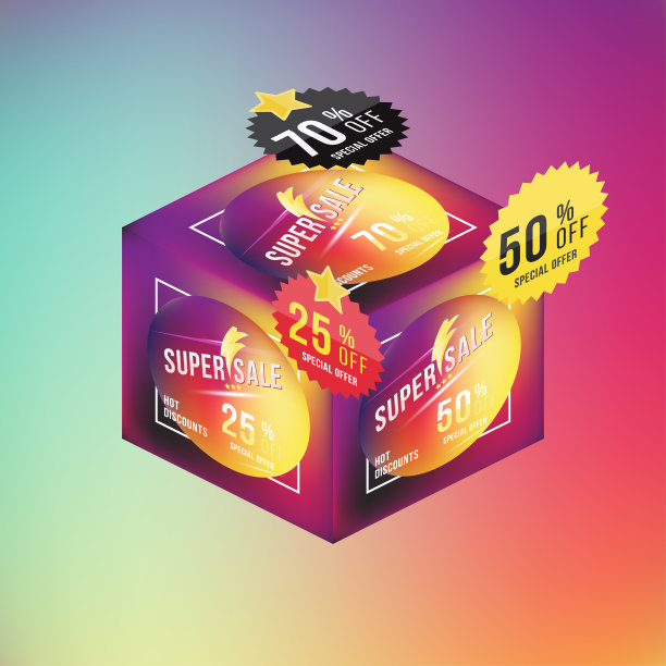 超级销售等距概念。方形海报格式特别优惠折扣和传单。模板设计的广告和旗帜上的彩色背景。平面矢量插图EPS 10图片下载