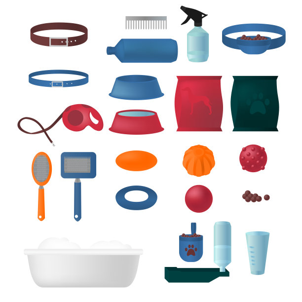 扁平孤立的狗项目元素集。宠物图标行走，喂食，美容沙龙设备。狗狗工具整理，健康营养。图片下载