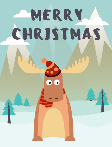 矢量插图可爱的鹿在帽子在山和圣诞贺卡图片下载
