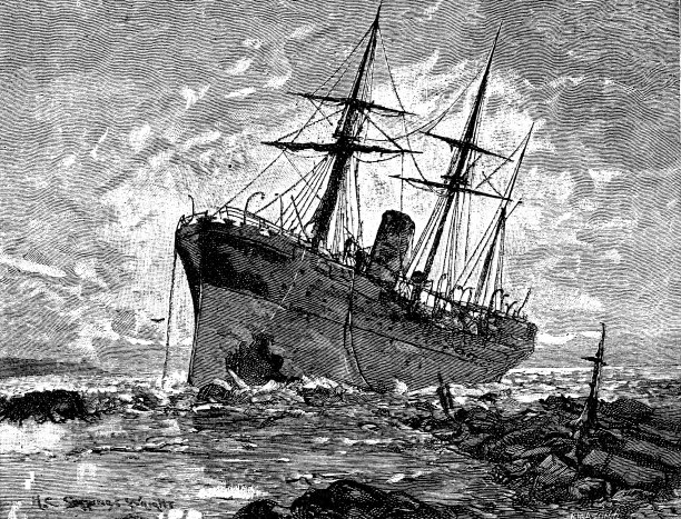 19世纪的一篇文章插图描绘了一艘帆船在搁浅后侧躺着;维多利亚时代沉船;分散种子1892图片下载