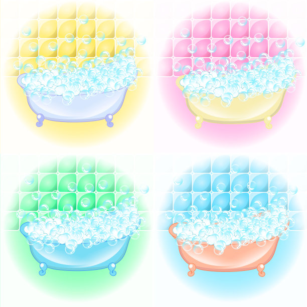 复古的浴室内。肥皂泡沫。浴缸内有泡沫。浴时复古风格卡通插图图片下载