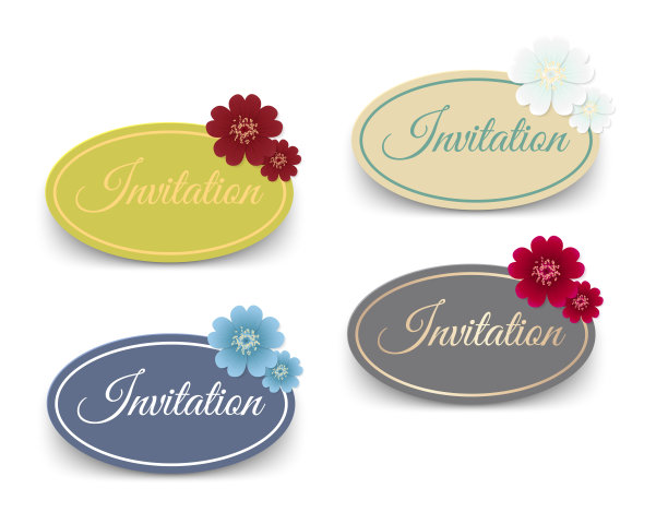 现实向量标签椭圆形与框架和花为您的婚礼邀请或贺卡设计插图。不同的颜色。现实的纸贴纸或网页横幅模板与阴影图片下载
