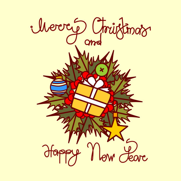 圣诞节和新年贺卡与花环花环和手绘字母背景图片下载