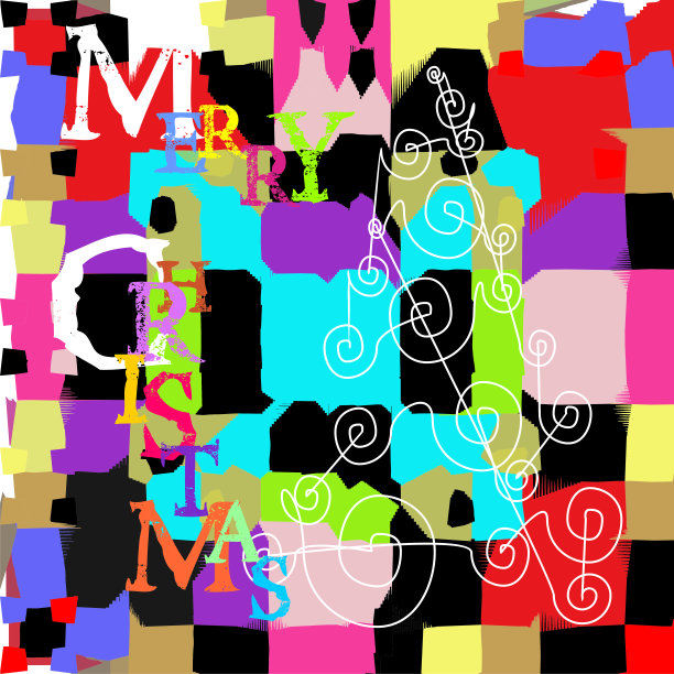 圣诞卡装饰有多色的挂毯背景，白色抽象树，并与快乐圣诞祝贺在几个颜色图片下载