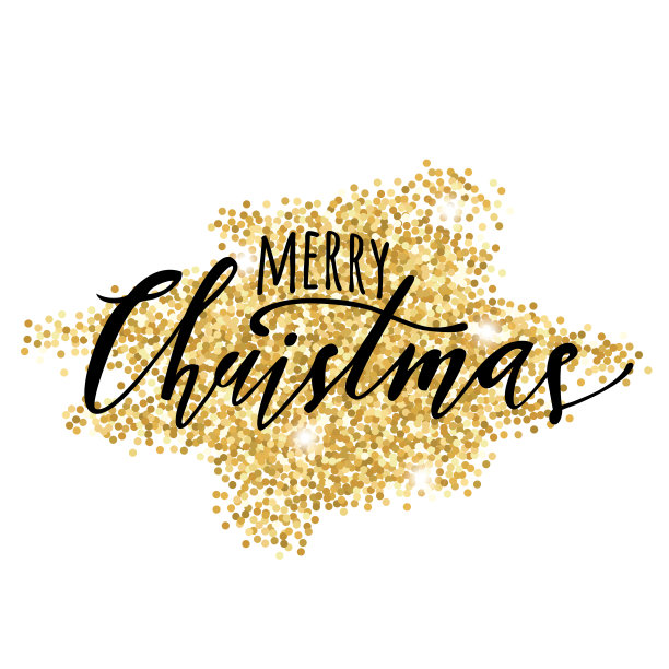 圣诞快乐插画矢量素材，白色背景上的金色闪光五彩纸屑和手绘字母。节日问候海报的创意排版图片下载