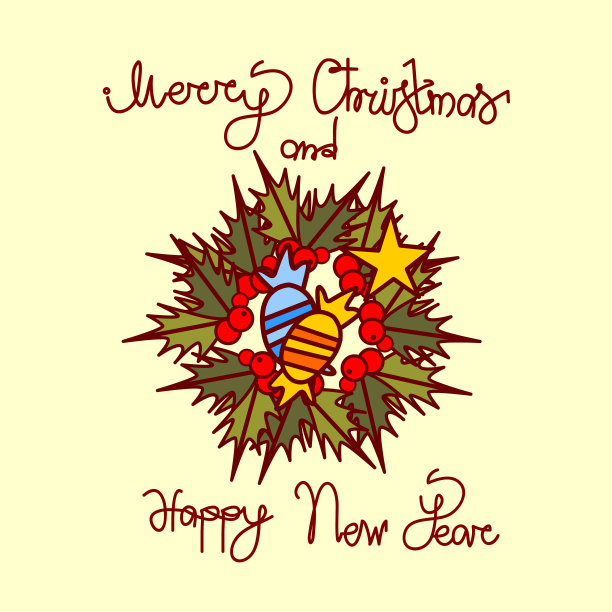 圣诞节和新年贺卡与花环花环和手绘字母背景图片下载