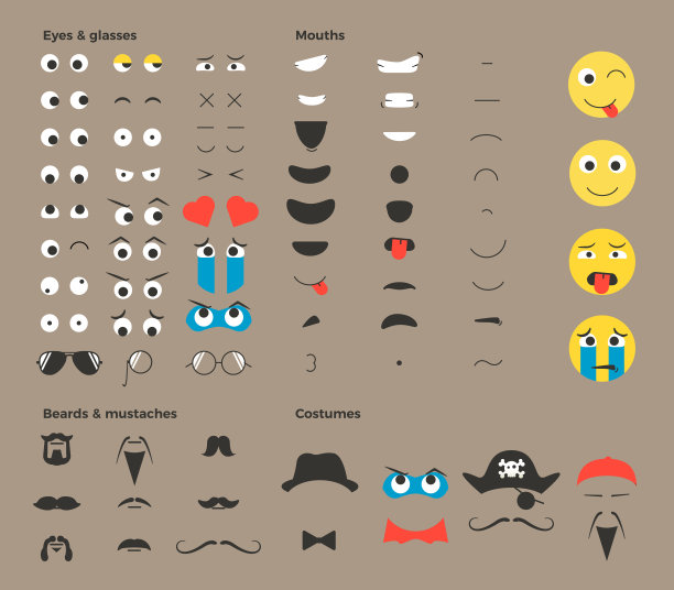 制作你自己的笑脸符号。矢量eps文件易于编辑，为您制作数千自己的表情符号变体。眼睛、嘴、胡子、配饰、服装等。平的版本图片下载