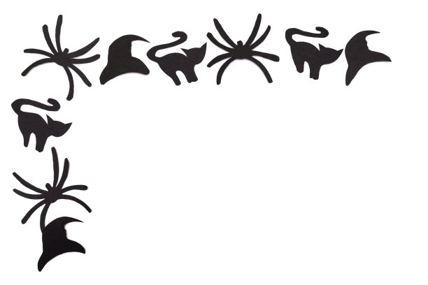 黑猫和蜘蛛的剪影和用黑纸雕刻的帽子被孤立在白色的纸上图片下载