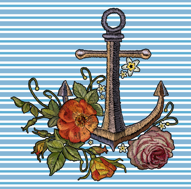 锚红玫瑰和牡丹刺绣。为服装模板，纺织t恤设计时尚海洋艺术。经典时尚刺绣复古锚，美丽的红色玫瑰和牡丹花束图片下载