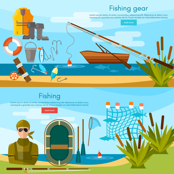 夏季钓鱼横幅，渔民元素矢量模板。专业钓鱼集钓竿、鱼钩、鱼饵、鱼虫、渔具矢量平面插图图片下载