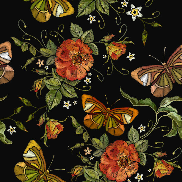 刺绣野红玫瑰和蝴蝶无缝图案。经典风格的刺绣，美丽的红玫瑰和夏日蝴蝶无缝图案向量。时尚模板挂毯花文艺复兴素材图片