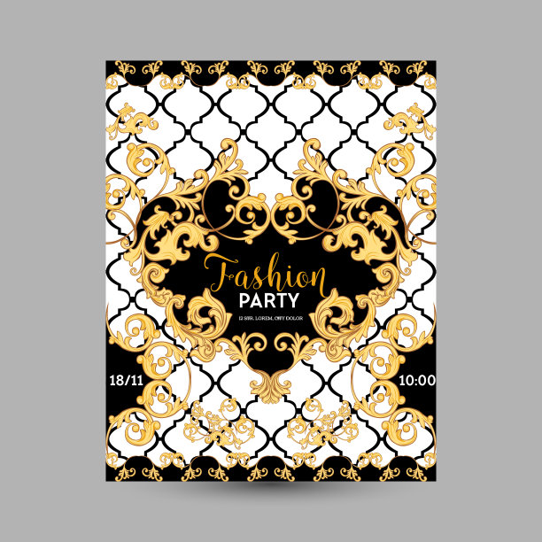 巴洛克时尚装饰设计海报，豪华宣传册，俱乐部派对传单，抽象文艺复兴背景矢量图片下载