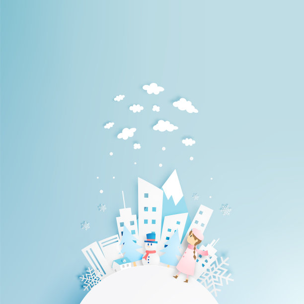 雪人和冬季景观与纸艺术风格和粉彩配色方案图片下载