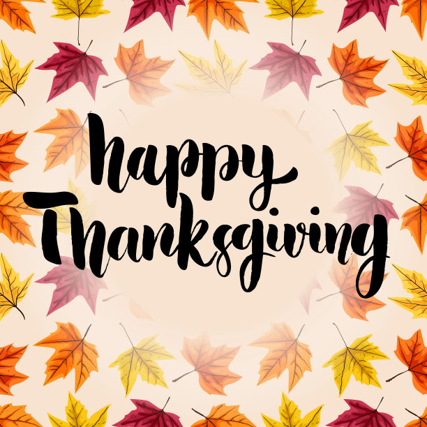 感恩节快乐。手绘字母的背景与树叶。图片下载