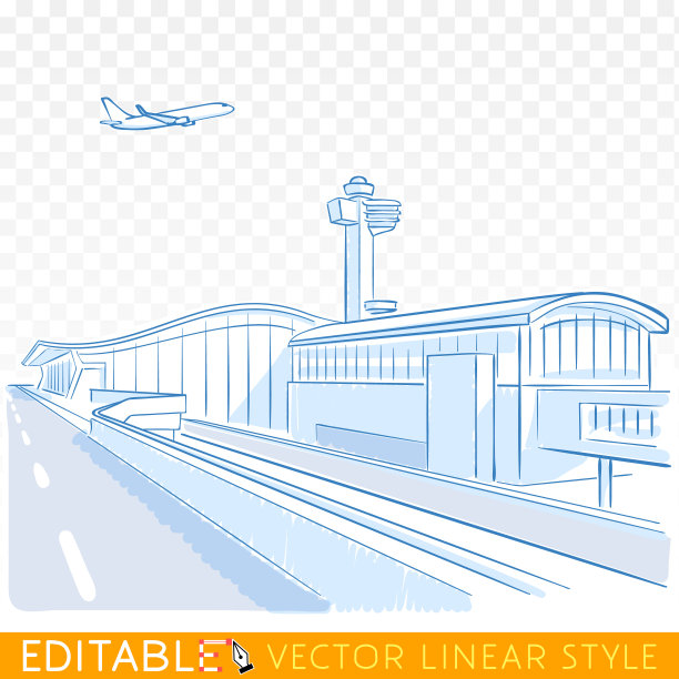对机场。飞机跑道之上。可编辑的草图在蓝色墨水风格。手绘涂鸦矢量插图。图片下载
