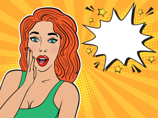 性感的惊喜红发女孩在绿色连衣裙上条纹黄色背景。滑稽的演讲空洞的气泡与半色调。图片下载