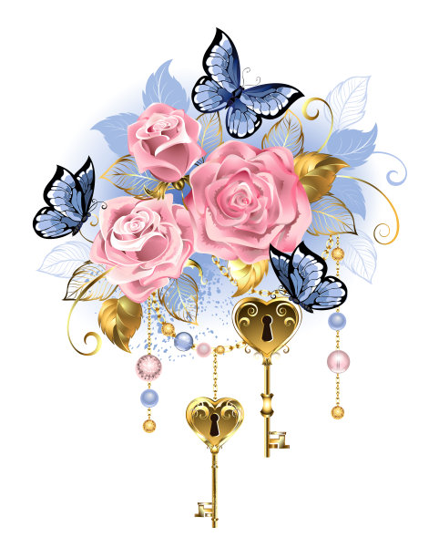 带钥匙的粉红玫瑰素材图片