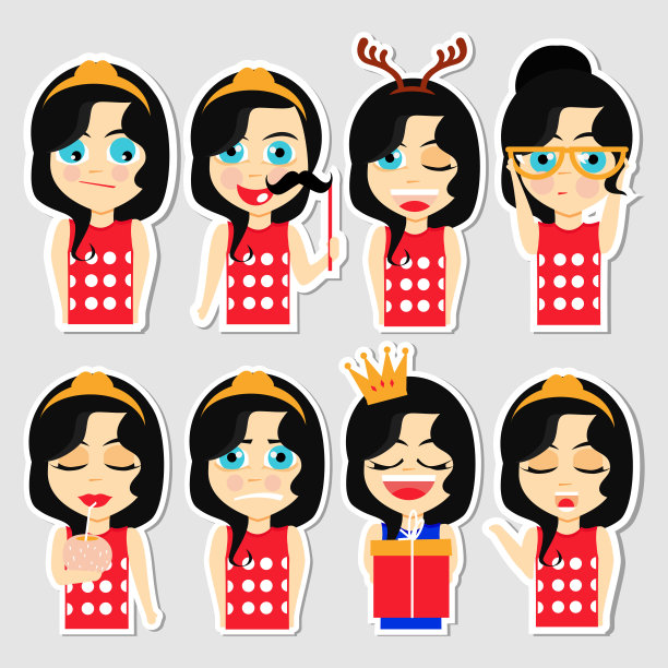 一套女孩人物贴纸矢量插图图片下载