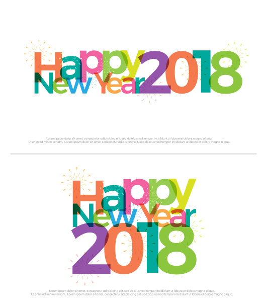 新年快乐2018彩色烟花在白色的背景。2018年图标  为明信片、横幅、礼物、卡片、t恤和印刷设计彩色的闪光。矢量插画家图片下载