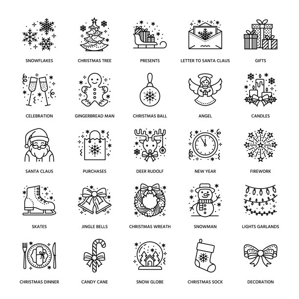 圣诞、新年平线标志。寒假-圣诞树礼物，雪人，圣诞老人，烟花，天使。矢量插图，庆祝圣诞派对的标志素材图片