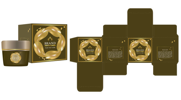 包装容器上的标签与黄金豪华盒设计模板和模型盒。图片下载