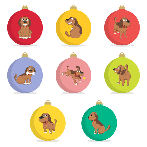 一套圣诞舞会。滑稽的卡通小狗在不同的姿势。新年的小狗。图片下载