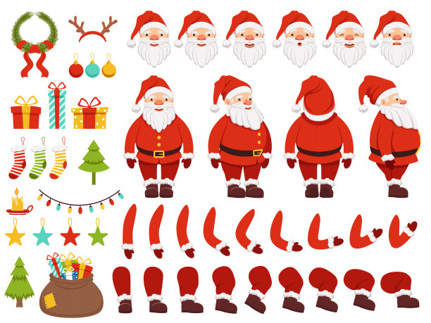圣诞人物的吉祥物创作工具包。圣诞老人在不同的关键帧素材图片