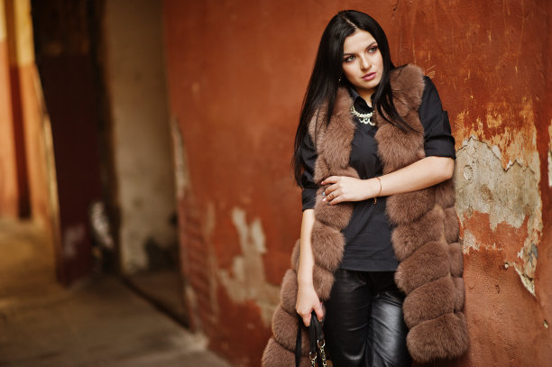 时尚户外照片华丽性感的女人在优雅的衣服和豪华的皮草大衣深色头发。图片下载