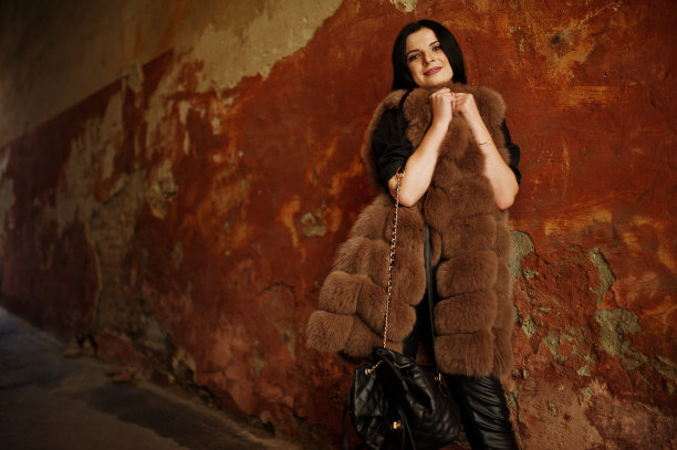 时尚户外照片华丽性感的女人在优雅的衣服和豪华的皮草大衣深色头发。图片下载