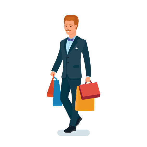 男人穿着漂亮的西装，商人，从商店拿着很多包，购物后，从购物中心图片下载