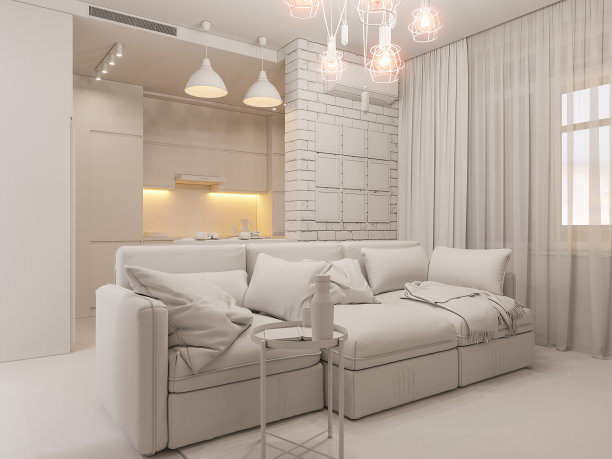 3d插画客厅和厨房室内设计。斯堪的纳维亚极简主义风格的现代单间公寓图片下载