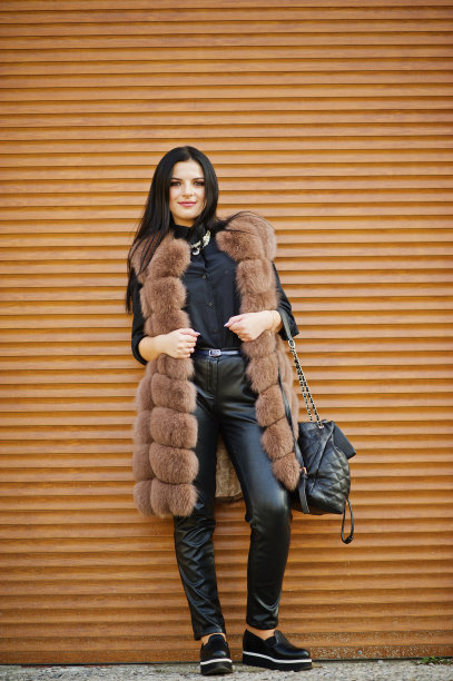 时尚户外照片华丽性感的女人在优雅的衣服和豪华的皮草大衣深色头发。图片下载