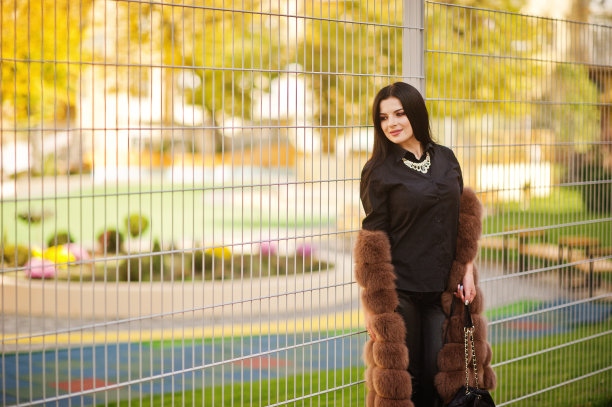 时尚户外照片华丽性感的女人在优雅的衣服和豪华的皮草大衣深色头发。图片下载