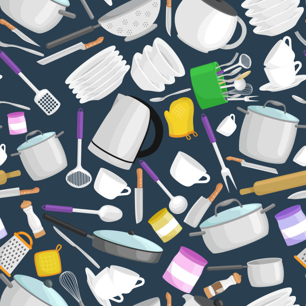 厨具矢量模式。卡通厨房用具收藏。钢制家用餐具、炊具工具素材图片